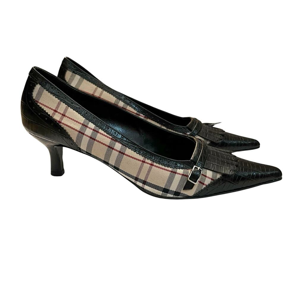 90s VTG Van Eli Checkered Plaid Kitten Heel Pumps 8.5M Pointed Toe Preppy Croc